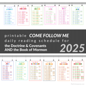 Mockup of Printable 2025 Come, Follow Me Reading Schedule for the D&C and Book of Mormon.