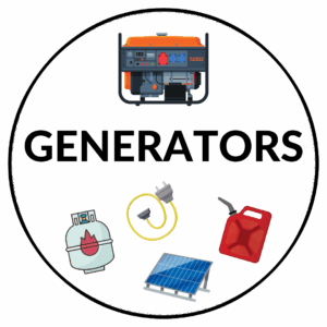 Generators Workshop icon with pictures of extension cords, generators, fuel cans, solar panels, etc.