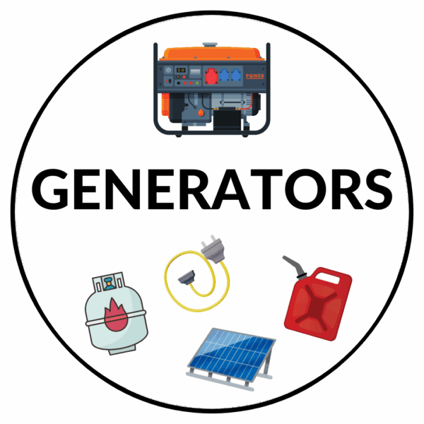 Generators Workshop icon with pictures of extension cords, generators, fuel cans, solar panels, etc.