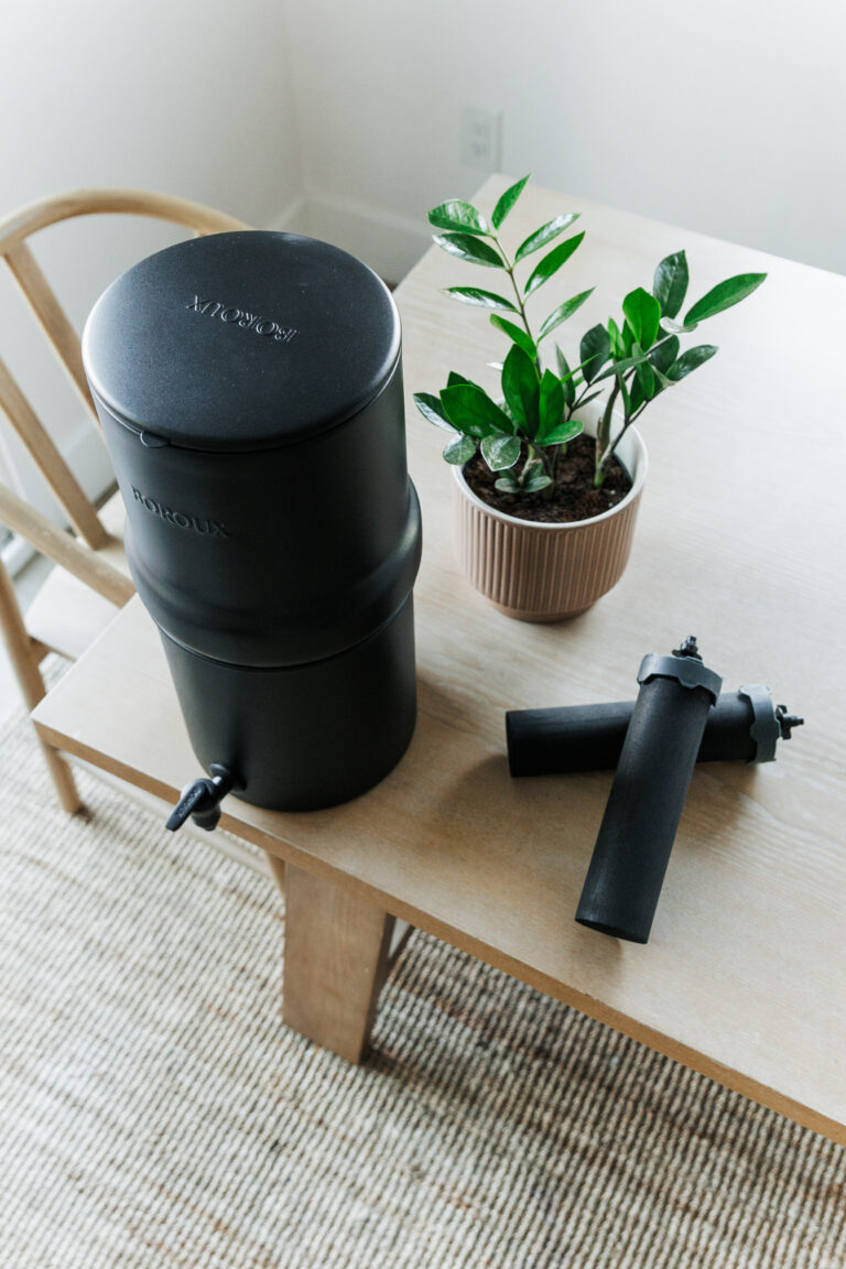 top down picture of a black boroux water filtration system and two filters.