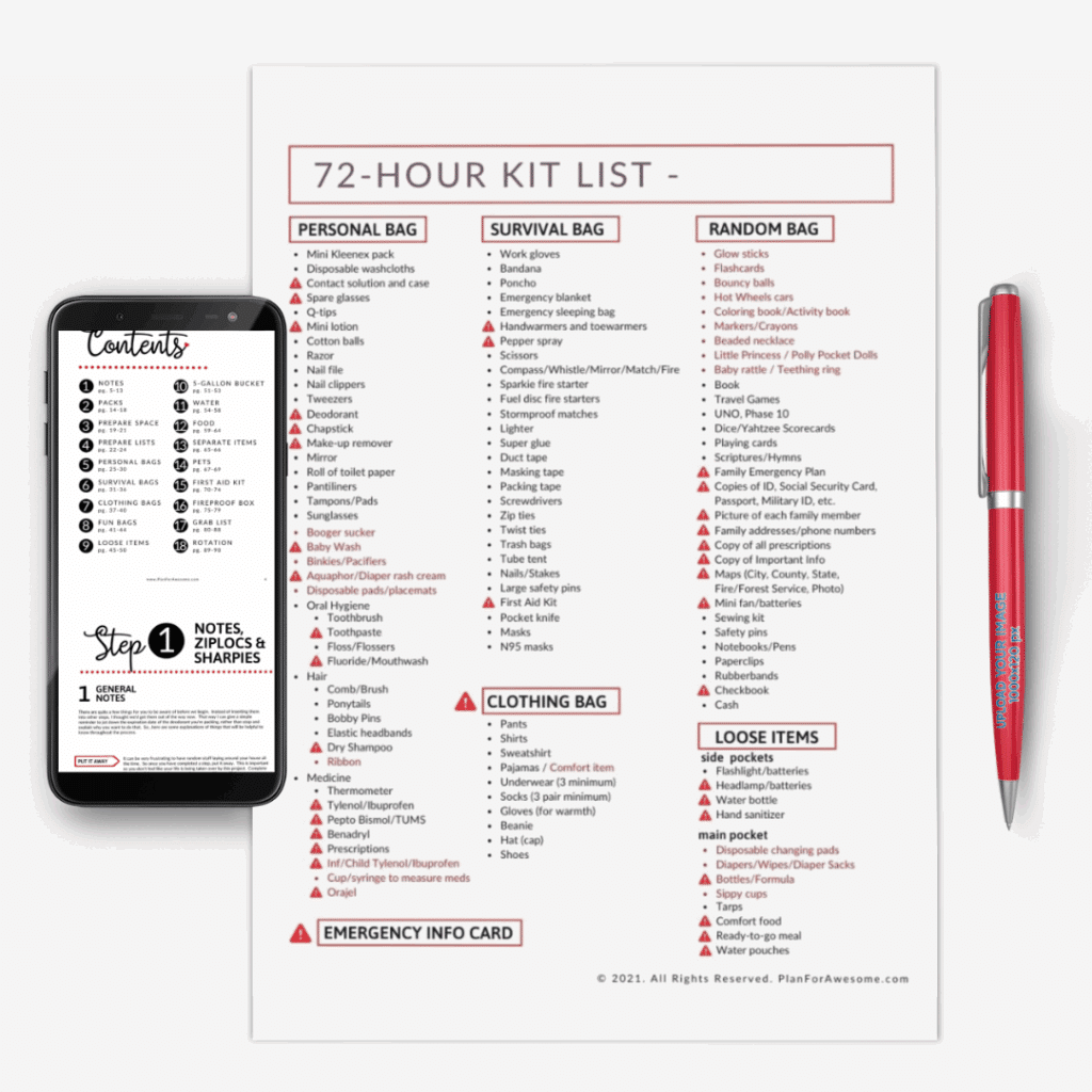 72-Hour Kit Guide mockup of a checklist on paper and on a phone.