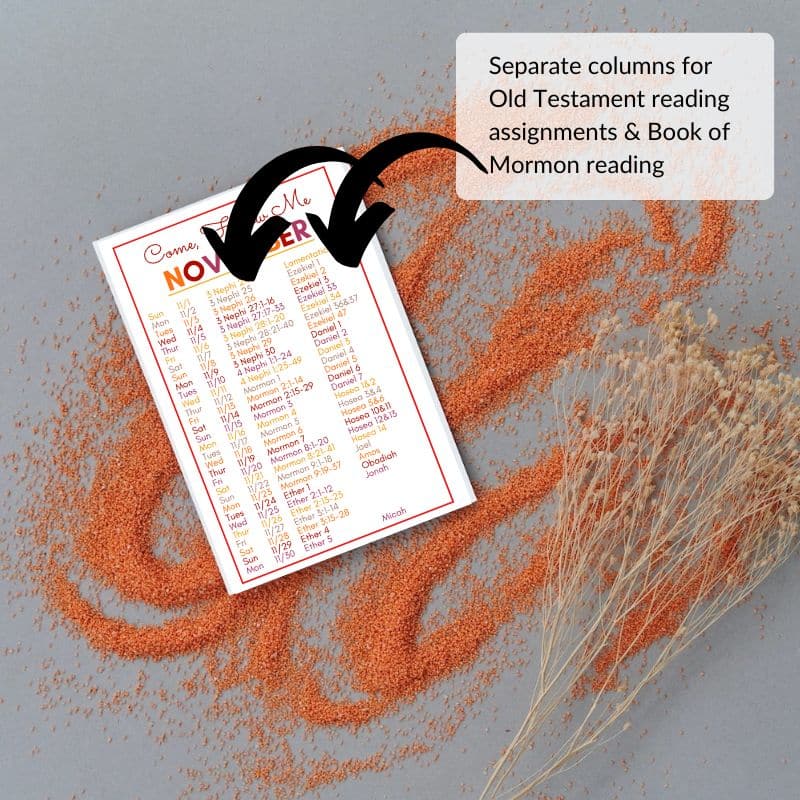 Mockup of November's Printable 2026 Come, Follow Me Reading Schedule for the Old Testament and Book of Mormon.