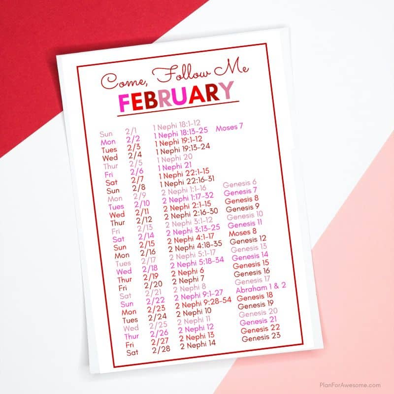 Mockup of February's Printable 2026 Come, Follow Me Reading Schedule for the Old Testament and Book of Mormon.
